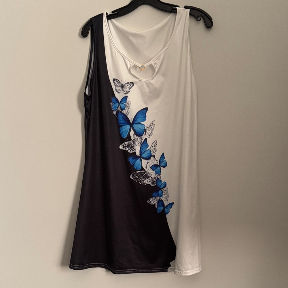 Sleeveless Two-Tone Butterfly Tank Top - Blue/Black/White